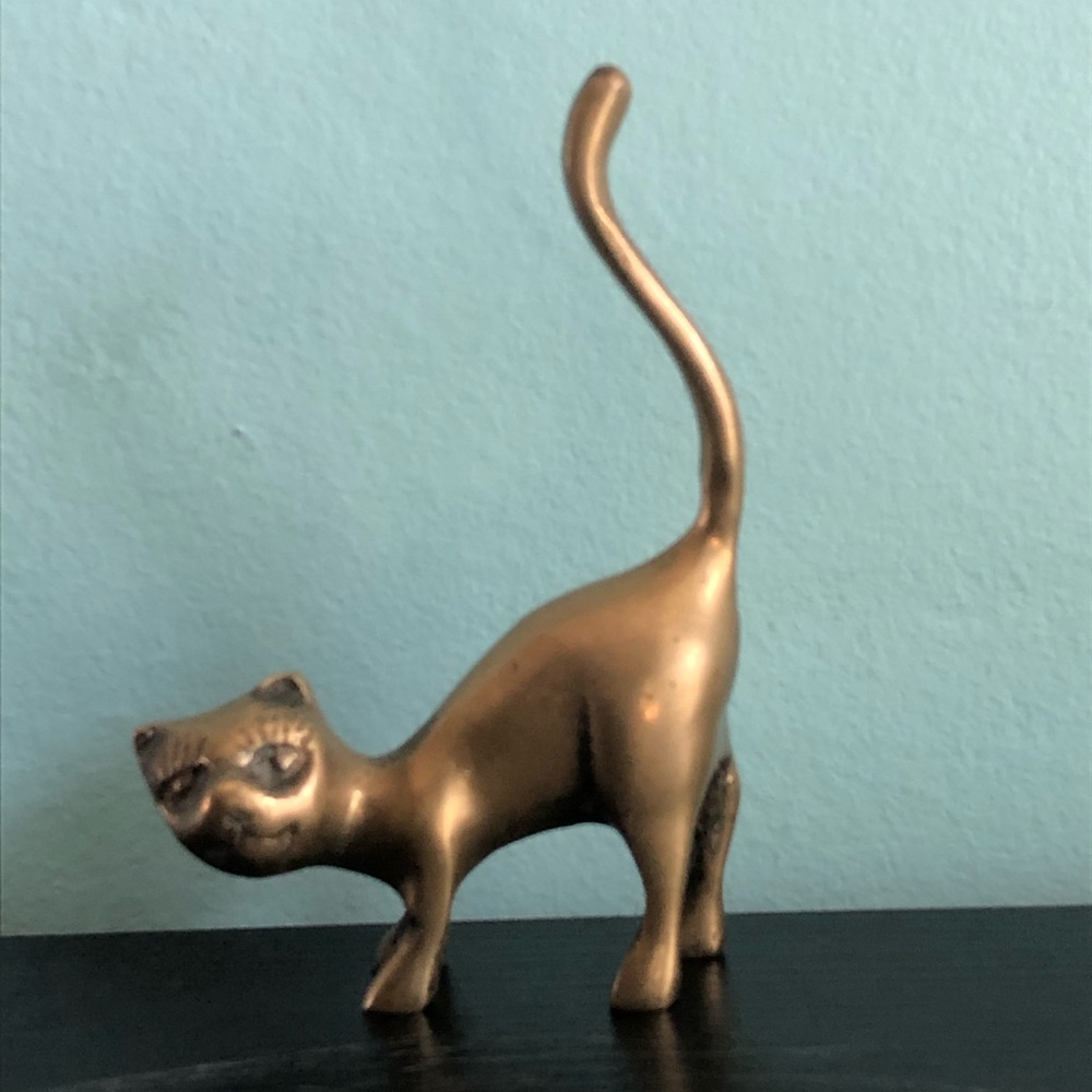 Vintage MCM Brass Cat Long Tail Up Ring Holders Statue Figurine